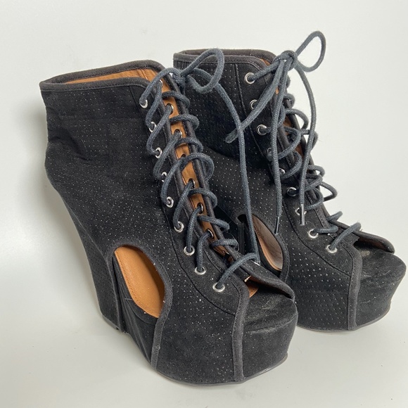 Qupid Black Lace Up Wedge Boots Size 6.5 - Picture 3 of 7